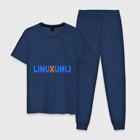 Мужская пижама хлопок с принтом Linux (7) в Екатеринбурге, 100% хлопок | брюки и футболка прямого кроя, без карманов, на брюках мягкая резинка на поясе и по низу штанин
 | linux | зеркальное отражение | линукс | надпись