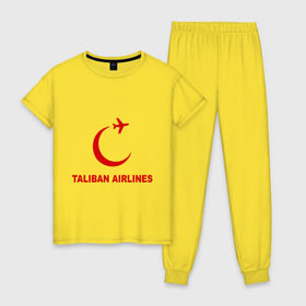 Женская пижама хлопок с принтом Taliban airlines (2) в Екатеринбурге, 100% хлопок | брюки и футболка прямого кроя, без карманов, на брюках мягкая резинка на поясе и по низу штанин | airlines | taliban | авиалинии | полет | рейс | самолет | талибы
