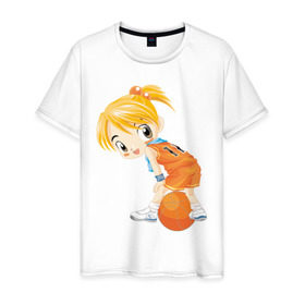 Мужская футболка хлопок с принтом Баскетболистка в Екатеринбурге, 100% хлопок | прямой крой, круглый вырез горловины, длина до линии бедер, слегка спущенное плечо. | баскетбольный мяч | девочка баскетболистка