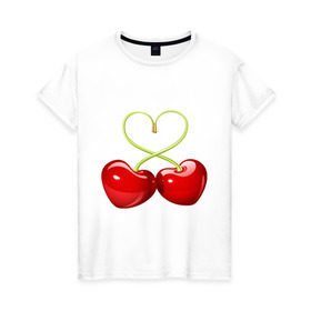 Женская футболка хлопок с принтом Chery love в Екатеринбурге, 100% хлопок | прямой крой, круглый вырез горловины, длина до линии бедер, слегка спущенное плечо | Тематика изображения на принте: cherry | chery | love | вишенки | вишня | любовь