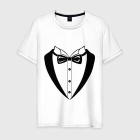 Мужская футболка хлопок с принтом Смокинг с бабочкой в Екатеринбурге, 100% хлопок | прямой крой, круглый вырез горловины, длина до линии бедер, слегка спущенное плечо. | костюм | строгая