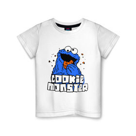 Детская футболка хлопок с принтом Cookie monster ест печеньку в Екатеринбурге, 100% хлопок | круглый вырез горловины, полуприлегающий силуэт, длина до линии бедер | cookie monster | куки монстр | улица сезам
