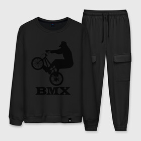 Мужской костюм хлопок с принтом BMX (3) в Екатеринбурге, 100% хлопок | на свитшоте круглая горловина, мягкая резинка по низу. Брюки заужены к низу, на них два вида карманов: два “обычных” по бокам и два объемных, с клапанами, расположенные ниже линии бедра. Брюки с мягкой трикотажной резинкой на поясе и по низу штанин. В поясе для дополнительного комфорта — широкие завязки | bmx | бмх | велик | вело | велосипед | велосипедист | велоспорт | райдер | фрирайд | экстремальный спорт | экстрим