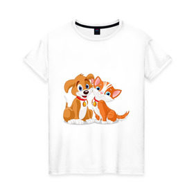 Женская футболка хлопок с принтом Щенок и котёнок в Екатеринбурге, 100% хлопок | прямой крой, круглый вырез горловины, длина до линии бедер, слегка спущенное плечо | кот | котенок | котик | пес | щенок