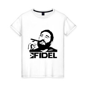 Женская футболка хлопок с принтом Фидель Кастро в Екатеринбурге, 100% хлопок | прямой крой, круглый вырез горловины, длина до линии бедер, слегка спущенное плечо | Тематика изображения на принте: кастро | куба | лидер | предводитель | свобода | фидель
