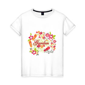 Женская футболка хлопок с принтом Garden style (3) в Екатеринбурге, 100% хлопок | прямой крой, круглый вырез горловины, длина до линии бедер, слегка спущенное плечо | 