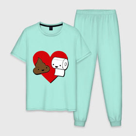 Мужская пижама хлопок с принтом Какашка и бумага в Екатеринбурге, 100% хлопок | брюки и футболка прямого кроя, без карманов, на брюках мягкая резинка на поясе и по низу штанин
 | Тематика изображения на принте: love. сердце | бумага | вместе навсегда | любовь | туалетная бумага