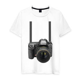 Мужская футболка хлопок с принтом Фотоаппарат на шее в Екатеринбурге, 100% хлопок | прямой крой, круглый вырез горловины, длина до линии бедер, слегка спущенное плечо. | прикольные | рисунок | турист | фотоаппарат