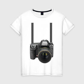 Женская футболка хлопок с принтом Фотоаппарат на шее в Екатеринбурге, 100% хлопок | прямой крой, круглый вырез горловины, длина до линии бедер, слегка спущенное плечо | прикольные | рисунок | турист | фотоаппарат