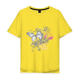 Мужская футболка хлопок Oversize с принтом Бабочка и цветы в Екатеринбурге, 100% хлопок | свободный крой, круглый ворот, “спинка” длиннее передней части | бабочка