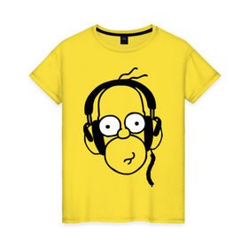 Женская футболка хлопок с принтом Гомер и музыка в Екатеринбурге, 100% хлопок | прямой крой, круглый вырез горловины, длина до линии бедер, слегка спущенное плечо | гомер