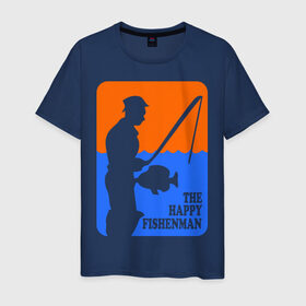 Мужская футболка хлопок с принтом Счастливый рыбак в Екатеринбурге, 100% хлопок | прямой крой, круглый вырез горловины, длина до линии бедер, слегка спущенное плечо. | Тематика изображения на принте: fishenman | happy | рыба | рыбалка | счастье