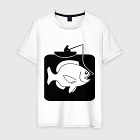 Мужская футболка хлопок с принтом Рыбак и большая рыба в Екатеринбурге, 100% хлопок | прямой крой, круглый вырез горловины, длина до линии бедер, слегка спущенное плечо. | лодка | прикольные | рисунок | рыба | рыбак | рыбалка