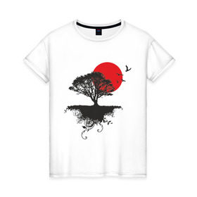 Женская футболка хлопок с принтом Солнце востока в Екатеринбурге, 100% хлопок | прямой крой, круглый вырез горловины, длина до линии бедер, слегка спущенное плечо | восток | восходящее солнце | дальний восток | дерево | солнце | тень | япония