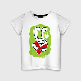 Детская футболка хлопок с принтом Влюбленный заяц с сердцем в Екатеринбурге, 100% хлопок | круглый вырез горловины, полуприлегающий силуэт, длина до линии бедер | влюбленный заяц с сердцем | зайка | зайчик | заяц | сердечко | сердце