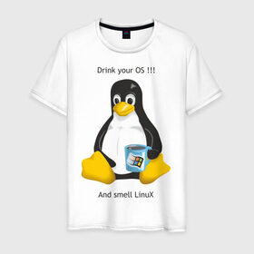 Мужская футболка хлопок с принтом Drink your OS And smell Linux в Екатеринбурге, 100% хлопок | прямой крой, круглый вырез горловины, длина до линии бедер, слегка спущенное плечо. | Тематика изображения на принте: пингвин