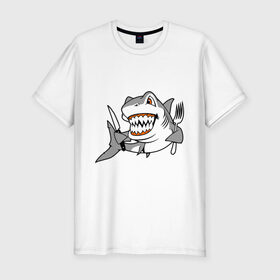 Мужская футболка премиум с принтом Акула решила пообедать в Екатеринбурге, 92% хлопок, 8% лайкра | приталенный силуэт, круглый вырез ворота, длина до линии бедра, короткий рукав | Тематика изображения на принте: акула | животные | обед | хищник