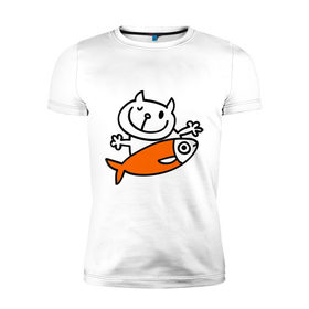 Мужская футболка премиум с принтом Кот и большая рыба в Екатеринбурге, 92% хлопок, 8% лайкра | приталенный силуэт, круглый вырез ворота, длина до линии бедра, короткий рукав | довольный кот | кот | коты | котя | рыба | сытый кот