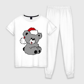Женская пижама хлопок с принтом Милый медведь в шапочке в Екатеринбурге, 100% хлопок | брюки и футболка прямого кроя, без карманов, на брюках мягкая резинка на поясе и по низу штанин | медвежонок | медеведь | мишка | мишутка | шапка | шапочка