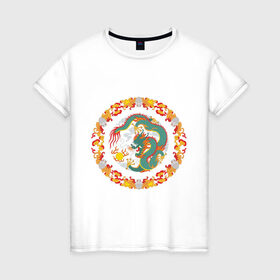 Женская футболка хлопок с принтом China dragon в Екатеринбурге, 100% хлопок | прямой крой, круглый вырез горловины, длина до линии бедер, слегка спущенное плечо | Тематика изображения на принте: china dragon | tribal | дракон | китайский дракон | трайбл | узор