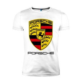 Мужская футболка премиум с принтом Porsche (2) в Екатеринбурге, 92% хлопок, 8% лайкра | приталенный силуэт, круглый вырез ворота, длина до линии бедра, короткий рукав | Тематика изображения на принте: porsche | авто2012 | логотип порше | порш | порше | поршель | символ порше