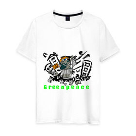 Мужская футболка хлопок с принтом Greenpeace (2) в Екатеринбурге, 100% хлопок | прямой крой, круглый вырез горловины, длина до линии бедер, слегка спущенное плечо. | greenpeace | город | гринпис | загрязнение планеты | зеленый мир | мусор | планета замля