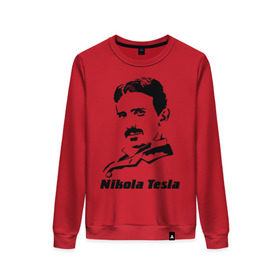 Женский свитшот хлопок с принтом Nikola Tesla в Екатеринбурге, 100% хлопок | прямой крой, круглый вырез, на манжетах и по низу широкая трикотажная резинка  | nikola tesla | знаменитая личность | знаменитость | никола тесла | портрет | тесла | ученый | физик