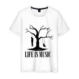 Мужская футболка хлопок с принтом Life is music (dead) в Екатеринбурге, 100% хлопок | прямой крой, круглый вырез горловины, длина до линии бедер, слегка спущенное плечо. | 