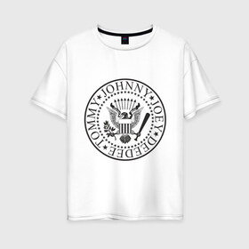 Женская футболка хлопок Oversize с принтом Ramones герб в Екатеринбурге, 100% хлопок | свободный крой, круглый ворот, спущенный рукав, длина до линии бедер
 | heavy metal | metal | muse | rock | trash metal | альтернатива | квартет | лица | метал | рок | рок группа | рок группы | трэш метал | хеви метал