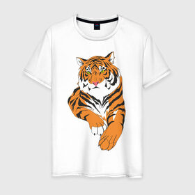Мужская футболка хлопок с принтом Тигр (7) в Екатеринбурге, 100% хлопок | прямой крой, круглый вырез горловины, длина до линии бедер, слегка спущенное плечо. | животные | кошачьи | тигр | хищник