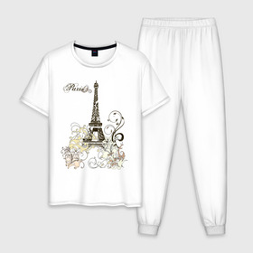 Мужская пижама хлопок с принтом Paris (2) в Екатеринбурге, 100% хлопок | брюки и футболка прямого кроя, без карманов, на брюках мягкая резинка на поясе и по низу штанин
 | башня | париж | парижане | франция | французский | французы | эйфелева