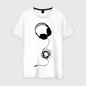 Мужская футболка хлопок с принтом Наушники и шнур в Екатеринбурге, 100% хлопок | прямой крой, круглый вырез горловины, длина до линии бедер, слегка спущенное плечо. | deejay | dj | диджей | шаушники | шнур