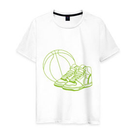 Мужская футболка хлопок с принтом Баскетбол (мяч и кеды) в Екатеринбурге, 100% хлопок | прямой крой, круглый вырез горловины, длина до линии бедер, слегка спущенное плечо. | Тематика изображения на принте: баскетбольный мяч | кеды