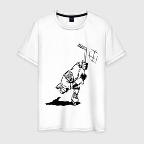 Мужская футболка хлопок с принтом Хоккеист в атаке в Екатеринбурге, 100% хлопок | прямой крой, круглый вырез горловины, длина до линии бедер, слегка спущенное плечо. | Тематика изображения на принте: hockey | нхл | хоккеист | хоккеист в атаке | хоккей