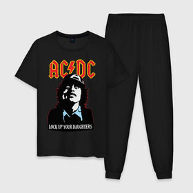Мужская пижама хлопок с принтом AC DC - Lock up your daughters в Екатеринбурге, 100% хлопок | брюки и футболка прямого кроя, без карманов, на брюках мягкая резинка на поясе и по низу штанин
 | Тематика изображения на принте: ac dc | acdc | acds | acdsee | asds | heavy metal | metal | rock | trash metal | квартет | метал | рок | рок группа | рок группы | трэш метал | хеви метал | эйсидиси