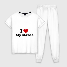 Женская пижама хлопок с принтом I love my Mazda (2) в Екатеринбурге, 100% хлопок | брюки и футболка прямого кроя, без карманов, на брюках мягкая резинка на поясе и по низу штанин | i love | i love my mazda | mazda | авто | мазда | машины | я люблю | японские
