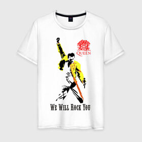 Мужская футболка хлопок с принтом Queen. We will rock you! в Екатеринбурге, 100% хлопок | прямой крой, круглый вырез горловины, длина до линии бедер, слегка спущенное плечо. | freddie | mercury | queen | меркури | меркьюри | фредди