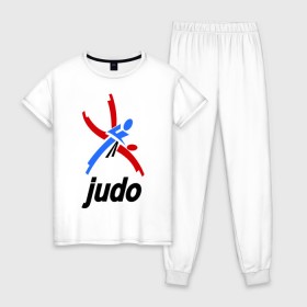 Женская пижама хлопок с принтом Дзюдо - Judo эмблема в Екатеринбурге, 100% хлопок | брюки и футболка прямого кроя, без карманов, на брюках мягкая резинка на поясе и по низу штанин | дзюдо