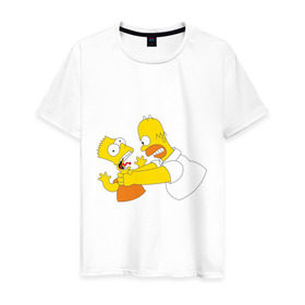 Мужская футболка хлопок с принтом Гомер душит Барта в Екатеринбурге, 100% хлопок | прямой крой, круглый вырез горловины, длина до линии бедер, слегка спущенное плечо. | Тематика изображения на принте: гомер