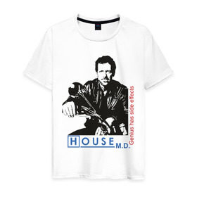 Мужская футболка хлопок с принтом House m.d. Genious в Екатеринбурге, 100% хлопок | прямой крой, круглый вырез горловины, длина до линии бедер, слегка спущенное плечо. | house | house md | доктор хауз | доктор хаус | хаус | хью лори