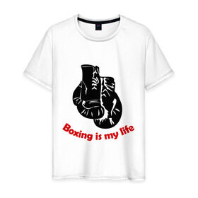 Мужская футболка хлопок с принтом BOXING is my life в Екатеринбурге, 100% хлопок | прямой крой, круглый вырез горловины, длина до линии бедер, слегка спущенное плечо. | емельяненко