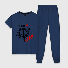 Женская пижама хлопок с принтом Peace Make love not war в Екатеринбурге, 100% хлопок | брюки и футболка прямого кроя, без карманов, на брюках мягкая резинка на поясе и по низу штанин | хиппи