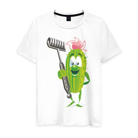 Мужская футболка хлопок с принтом Огурец в Екатеринбурге, 100% хлопок | прямой крой, круглый вырез горловины, длина до линии бедер, слегка спущенное плечо. | дача | дачник | овощи | огурец | огурчик | садовод