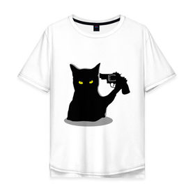 Мужская футболка хлопок Oversize с принтом Black Cat Shooter в Екатеринбурге, 100% хлопок | свободный крой, круглый ворот, “спинка” длиннее передней части | кот | кошка | кошка с пистолетом | кошки | пистолет | револьвер | черная кошка