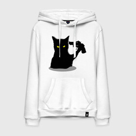 Мужская толстовка хлопок с принтом Black Cat Shooter в Екатеринбурге, френч-терри, мягкий теплый начес внутри (100% хлопок) | карман-кенгуру, эластичные манжеты и нижняя кромка, капюшон с подкладом и шнурком | Тематика изображения на принте: кот | кошка | кошка с пистолетом | кошки | пистолет | револьвер | черная кошка