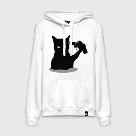 Женская толстовка хлопок с принтом Black Cat Shooter в Екатеринбурге, френч-терри, мягкий теплый начес внутри (100% хлопок) | карман-кенгуру, эластичные манжеты и нижняя кромка, капюшон с подкладом и шнурком | кот | кошка | кошка с пистолетом | кошки | пистолет | револьвер | черная кошка