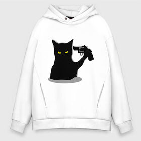 Мужское худи Oversize хлопок с принтом Black Cat Shooter в Екатеринбурге, френч-терри — 70% хлопок, 30% полиэстер. Мягкий теплый начес внутри —100% хлопок | боковые карманы, эластичные манжеты и нижняя кромка, капюшон на магнитной кнопке | Тематика изображения на принте: кот | кошка | кошка с пистолетом | кошки | пистолет | револьвер | черная кошка