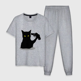Мужская пижама хлопок с принтом Black Cat Shooter в Екатеринбурге, 100% хлопок | брюки и футболка прямого кроя, без карманов, на брюках мягкая резинка на поясе и по низу штанин
 | Тематика изображения на принте: кот | кошка | кошка с пистолетом | кошки | пистолет | револьвер | черная кошка