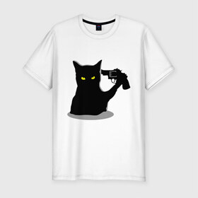 Мужская футболка премиум с принтом Black Cat Shooter в Екатеринбурге, 92% хлопок, 8% лайкра | приталенный силуэт, круглый вырез ворота, длина до линии бедра, короткий рукав | Тематика изображения на принте: кот | кошка | кошка с пистолетом | кошки | пистолет | револьвер | черная кошка