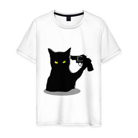 Мужская футболка хлопок с принтом Black Cat Shooter в Екатеринбурге, 100% хлопок | прямой крой, круглый вырез горловины, длина до линии бедер, слегка спущенное плечо. | кот | кошка | кошка с пистолетом | кошки | пистолет | револьвер | черная кошка